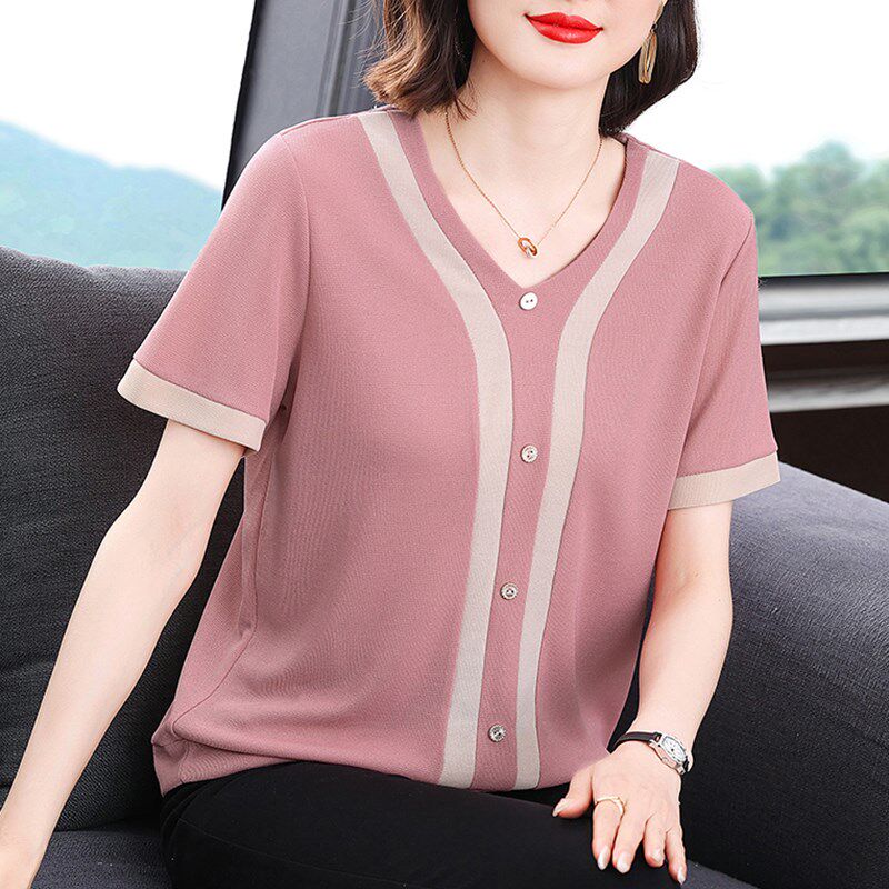 中老年妈妈夏装2025新款拼色纯棉短袖t恤女洋气v领上衣服时尚小衫