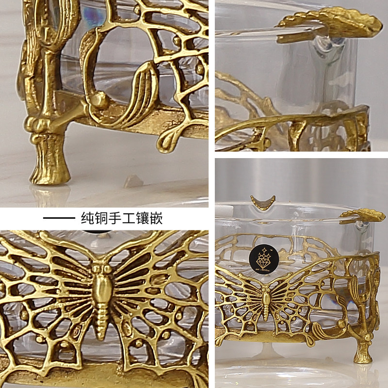欧式美式水晶镶铜烟灰缸客厅茶几办公室装饰摆件轻奢创意纯铜烟碟