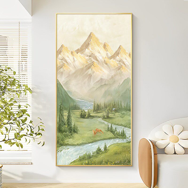 日照金山玄关装饰画入户正对门走廊过道挂画高端手绘油画山水风景