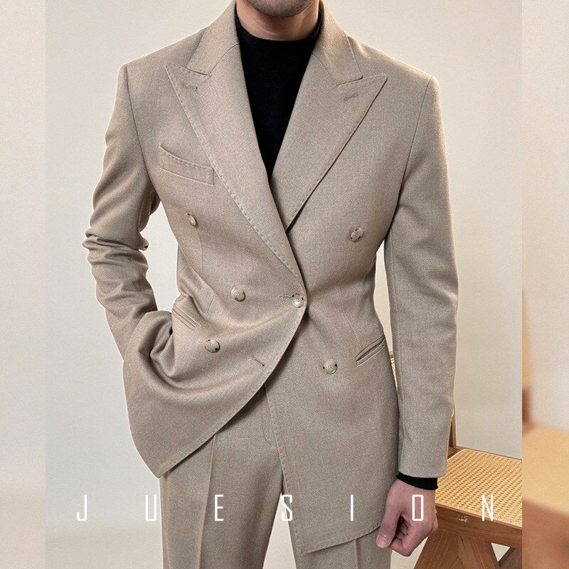 JUESION 意式双排扣西服套装男戗驳领休闲商务正装西装秋冬款外套