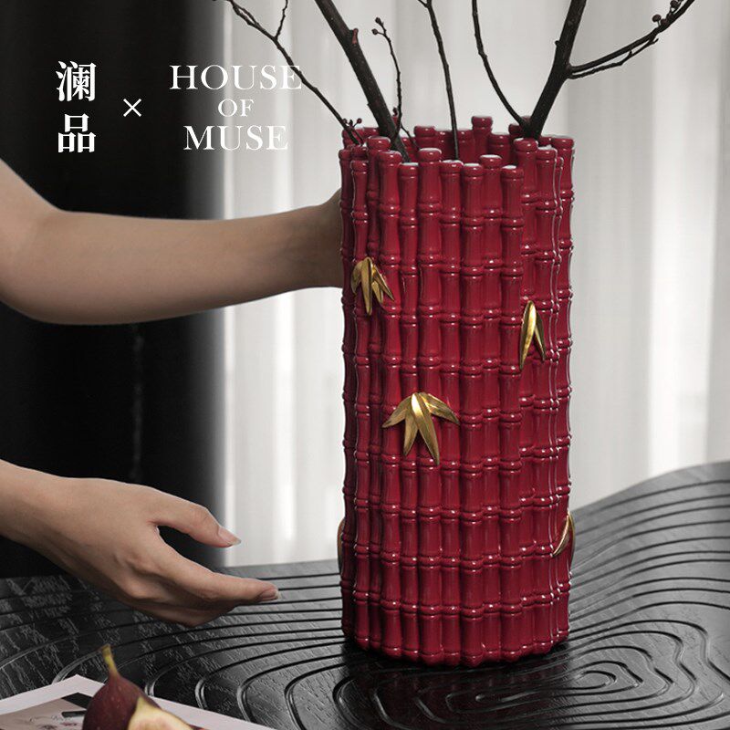 澜品金叶新中式竹子花瓶民宿茶室花器桌面装饰品高级感摆件