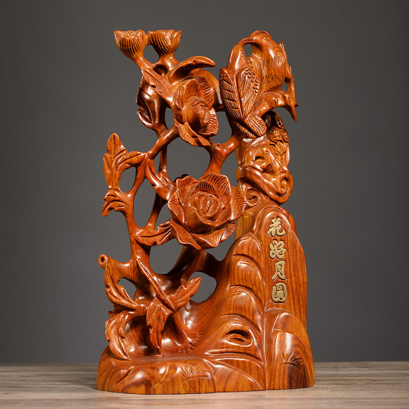 花梨木雕花好月圆摆件实木雕刻花鸟喜鹊工艺品家居装饰工艺品送礼