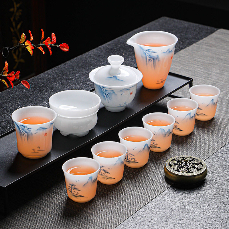 高档冰种羊脂玉茶具套装青山韵德化白瓷功夫茶具商用家用轻奢礼品
