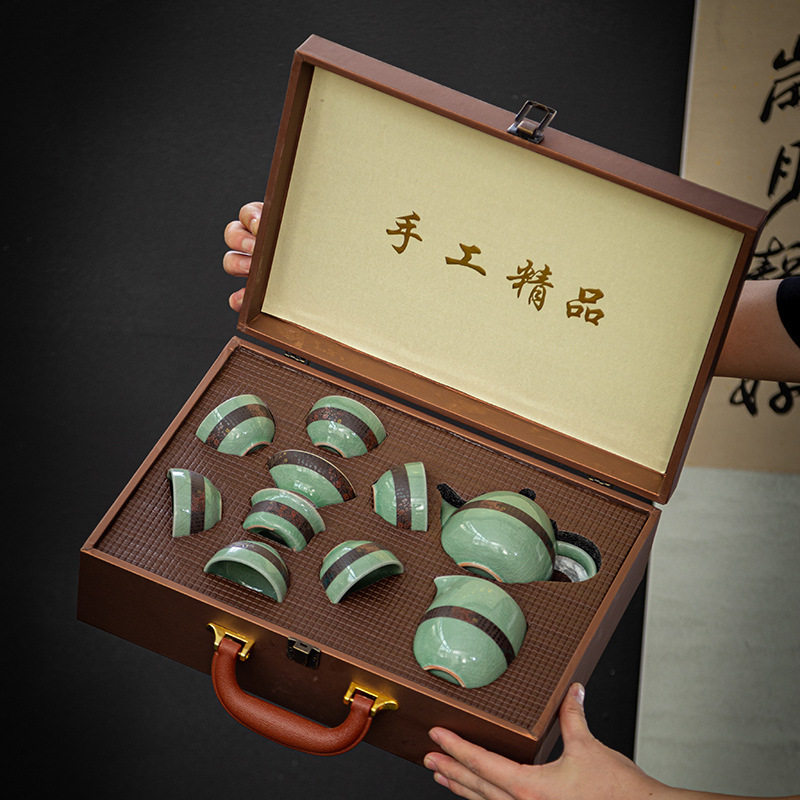 哥窑茶具套装简约家用天青釉功夫茶套组茶杯盖碗茶壶复古中式整套