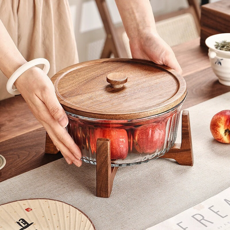 玻璃水果盘客厅家用茶几零食盘带盖干果盘办公室糖果盘高档木质图片