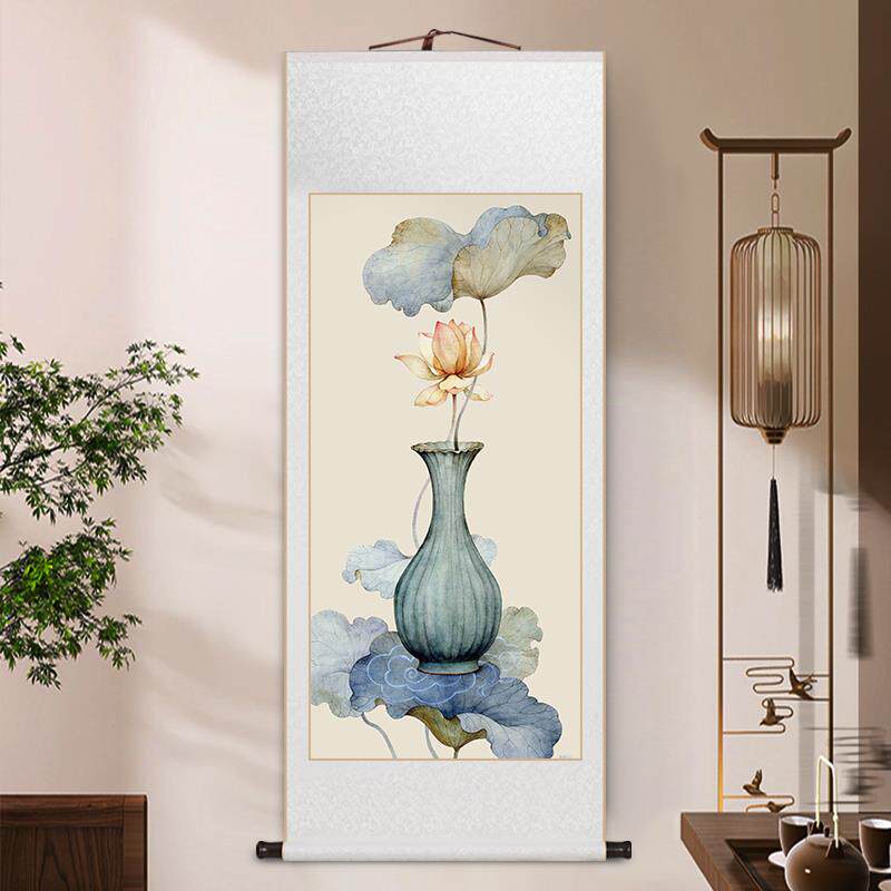 禅意荷花莲蓬卷轴挂画新中式客厅装饰画中国风玄关画茶室书房壁画