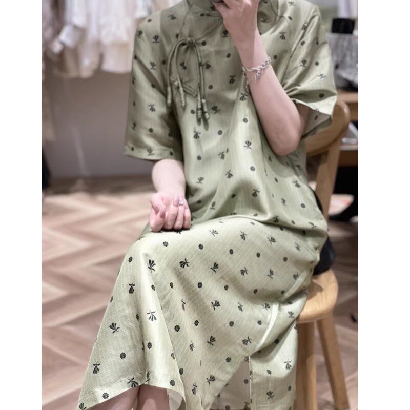 新中式国风复古改良旗袍2024新款大码女装胖mm宽松遮肚A版连衣裙