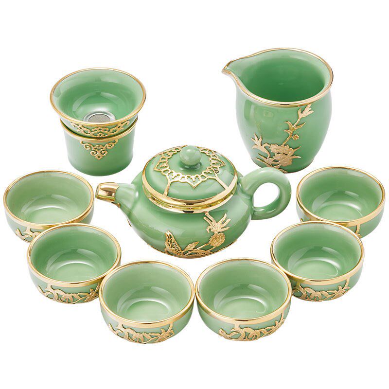 吉祥缘金镶玉青瓷茶壶整套功夫茶具套装中式泡茶杯家用客厅办公室