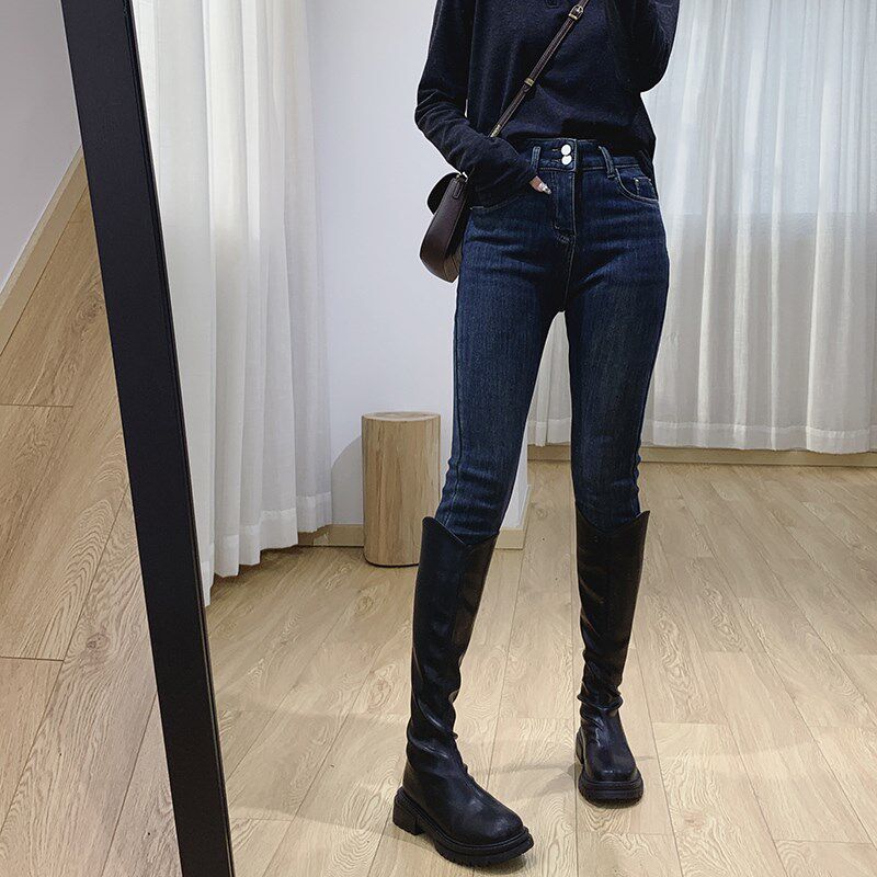 高腰显瘦加厚加绒小脚裤弹力修身牛仔裤女冬季紧身铅笔裤外穿裤子