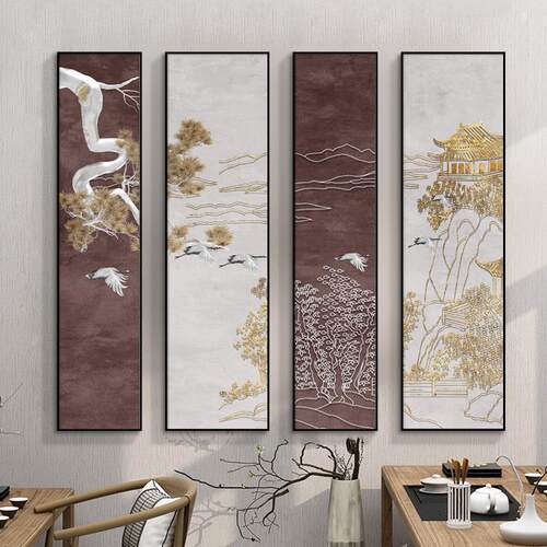 新中式客厅装饰画中国风山水茶室挂画四联大气别墅酒店样板间壁画