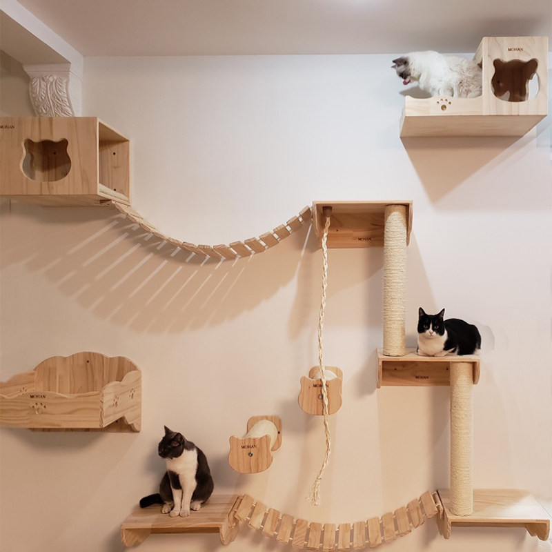 实木猫墙壁挂猫窝跳台软梯吊桥diy猫爬架墙壁式太空舱猫楼梯 靠墙