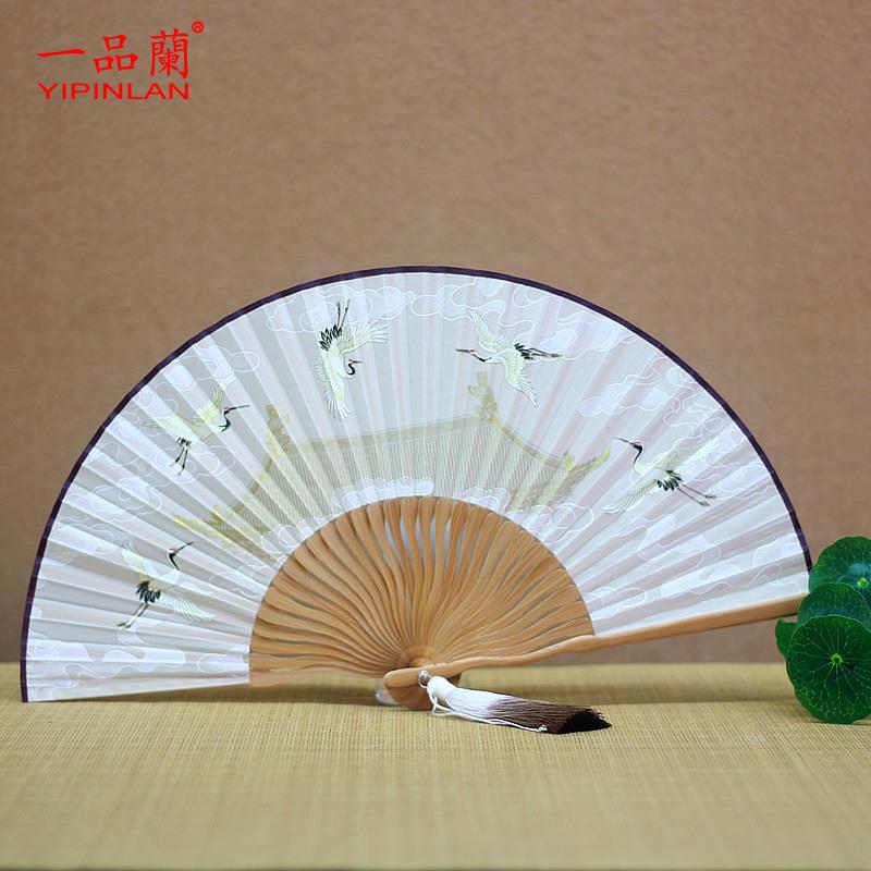 高颜值女式扇子丝绸手工古风折扇汉服旗袍复古随身便携舞蹈仙鹤小