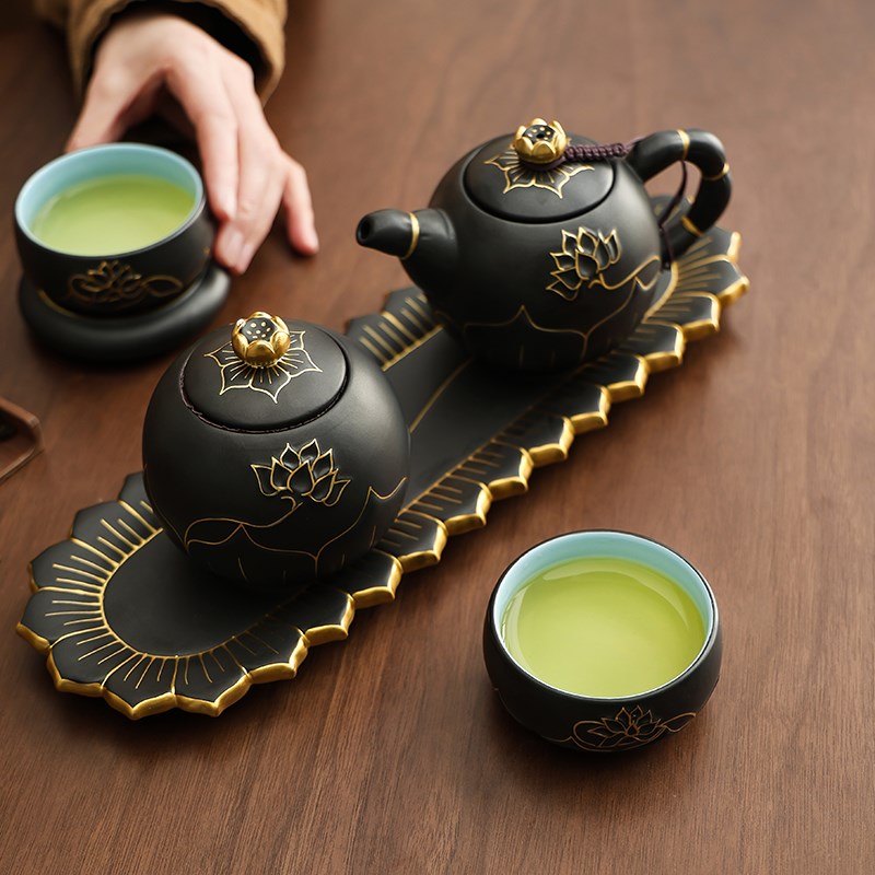 描金福莲花功夫茶具套装家用日式禅意陶瓷泡茶壶茶杯轻奢收纳礼盒