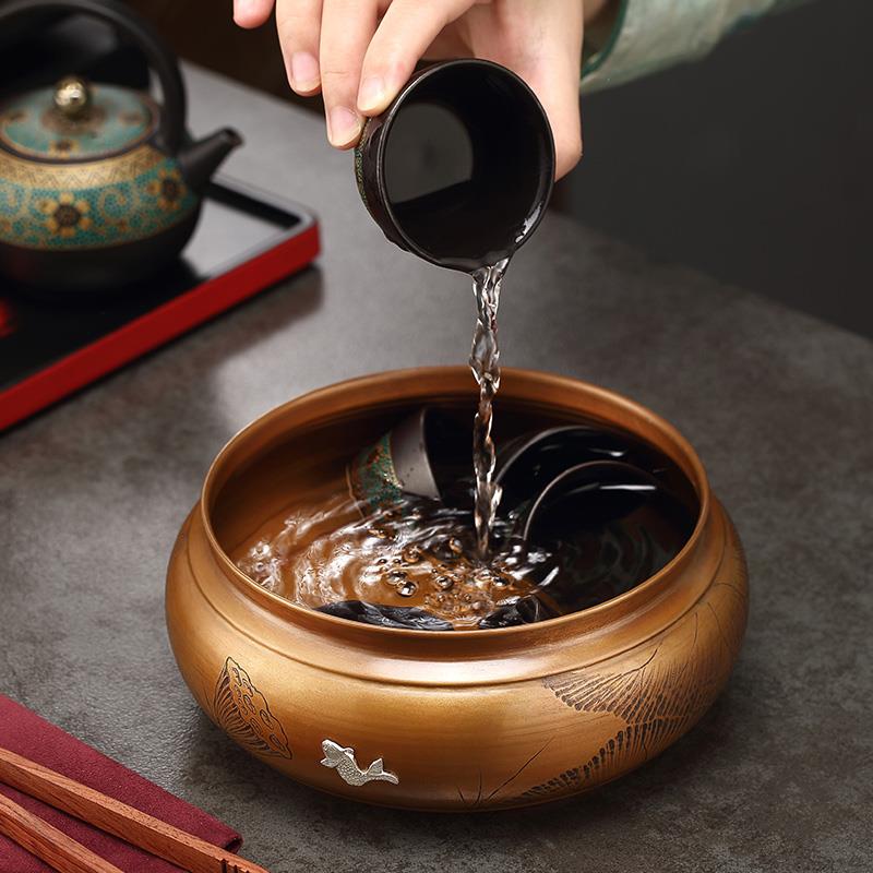 金芝达纯铜茶洗特大号家用建水笔洗复古水盂茶渣缸茶道茶具配件