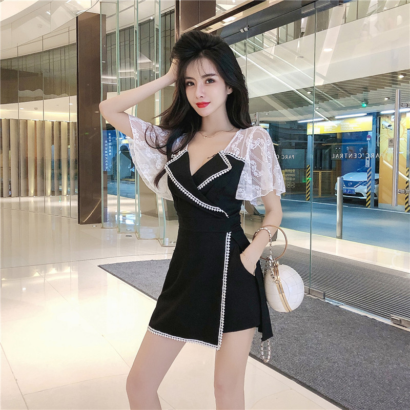 名媛气质两件套装2019夏高腰显瘦开叉蕾丝拼接西装领连衣裙送短裤