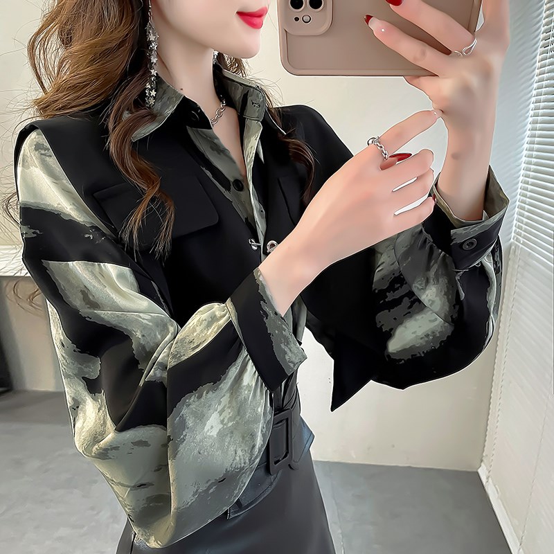 黑色马甲配墨染条纹衬衣套装2024春款女装灯笼袖衬衫气质雪纺上衣