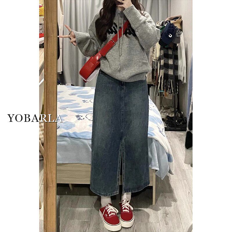 复古开叉牛仔半身裙女夏季高腰大码胖mm显瘦梨形身材中长款a字裙