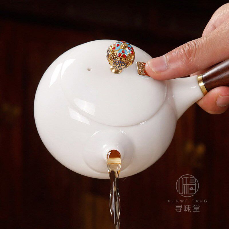 羊脂玉瓷堆金侧把壶高档白瓷茶壶唐月窑中式家用功夫茶具单壶