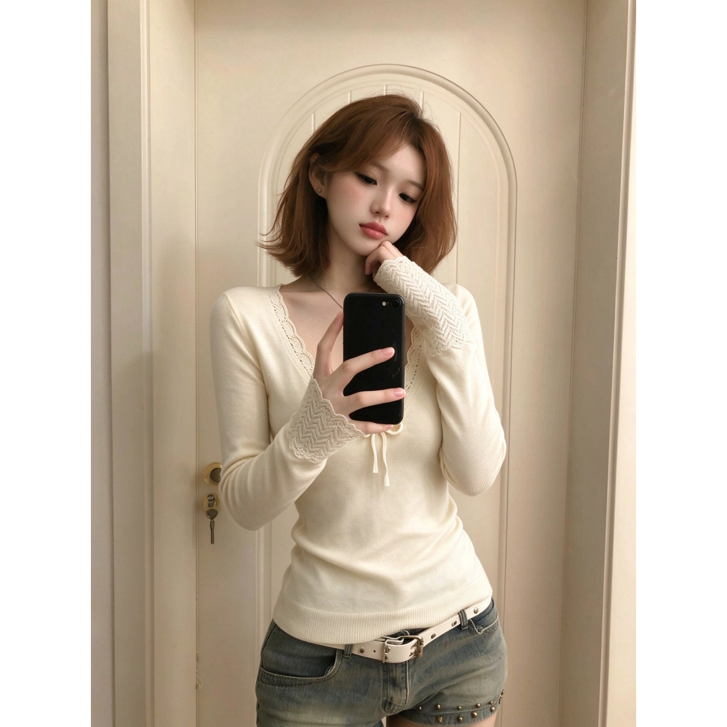 纯欲v领长袖针织衫女2026秋冬蕾丝绝美蝴蝶结修身内搭打底衫上衣