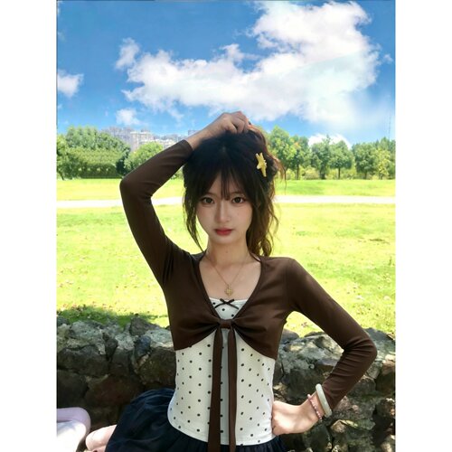 韩系巨好看咖色蝴蝶结打底上衣