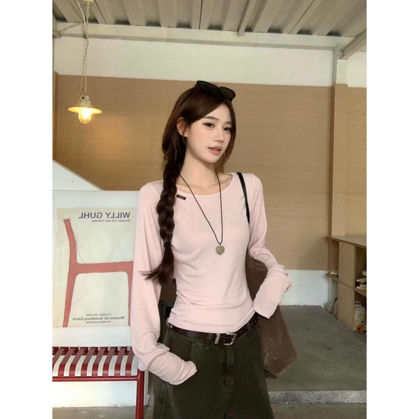 韩系长袖T恤女装春秋季粉色穿搭修身内搭打底衫新款圆领收腰上衣