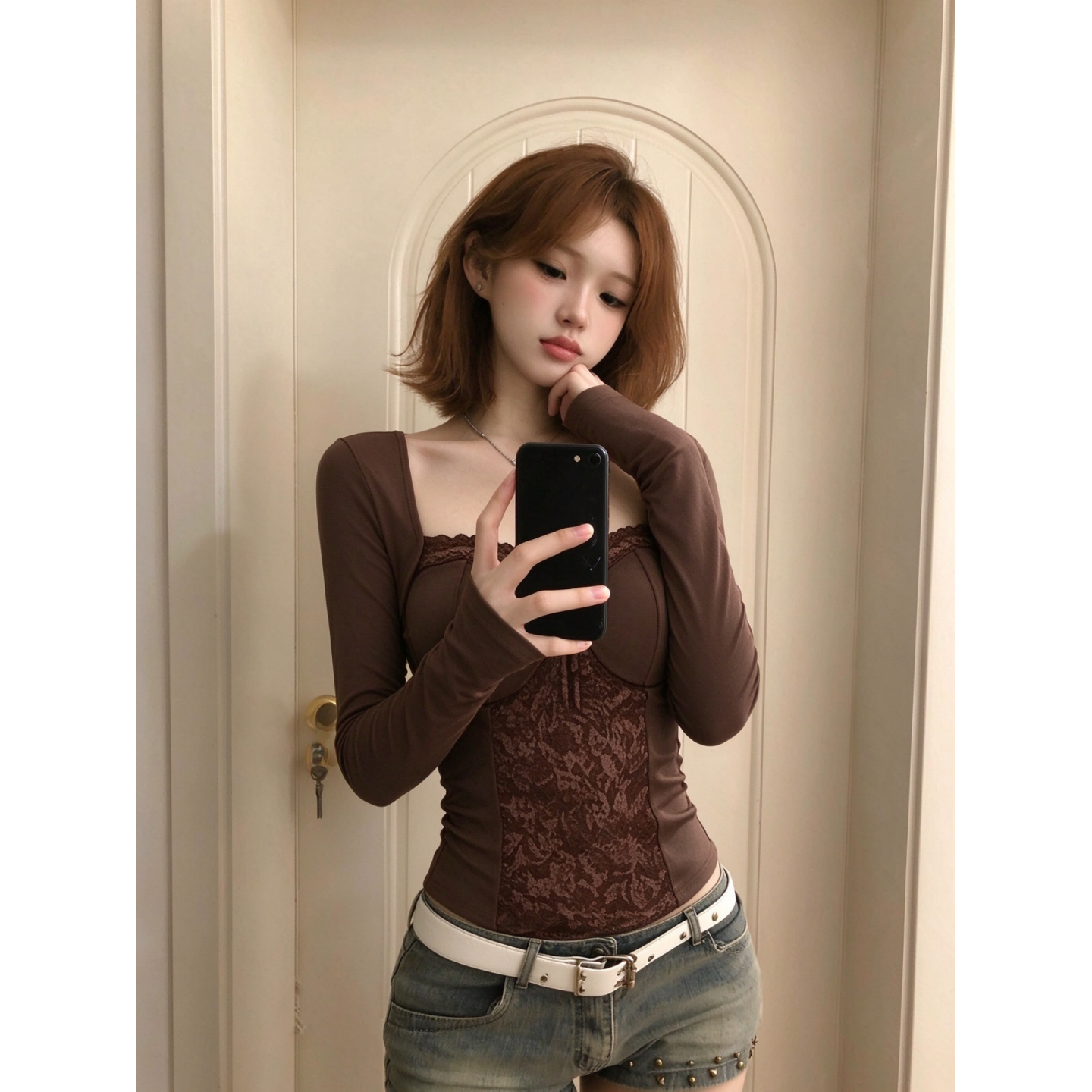 辣妹设计感蕾丝复古长袖T恤女方领巨美显瘦修身内搭打底衫小上衣
