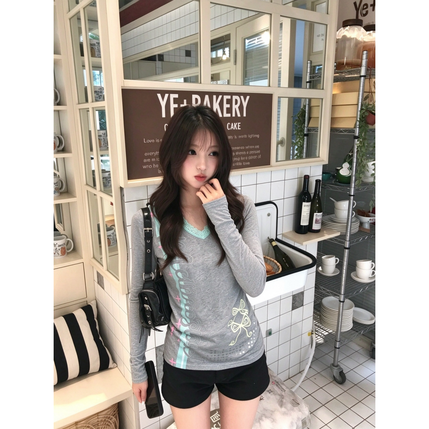 千禧复古蕾丝花边V领长袖T恤女蝴蝶结字母印花修身显瘦打底衫上衣