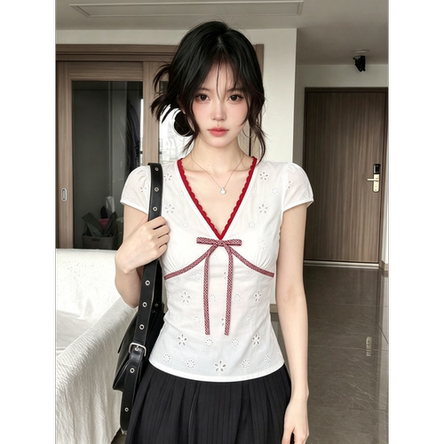 【粉豆子】撞色v领短袖t恤女修身