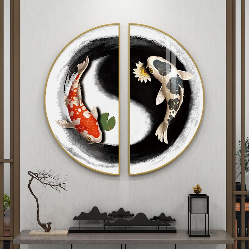 太极图挂画阴阳鱼新中式玄关装饰画禅意半圆客厅墙壁画锦鲤中定做