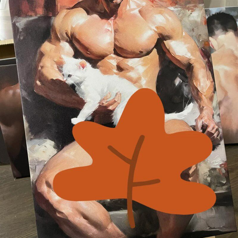 宠猫肌肉男高清装饰画卧室挂画喷绘油画房间室内挂墙靠墙艺术
