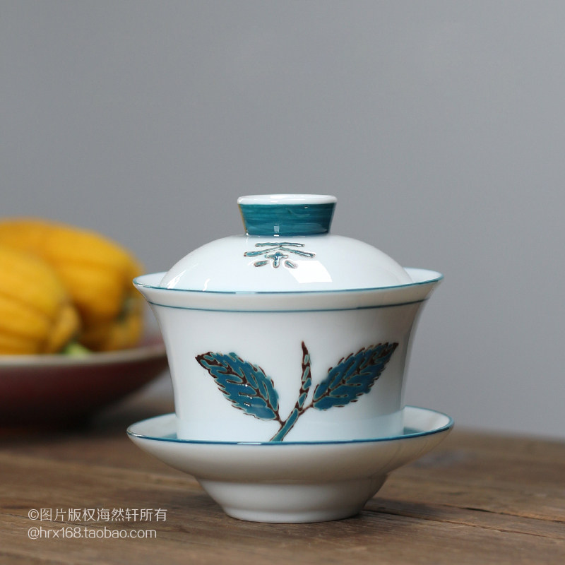 90年代老彩瓷厂陶瓷 传统潮州功夫茶具手绘小盖碗 三才杯 泡茶碗