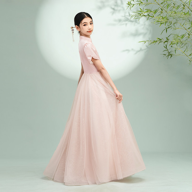 中高端国风儿童演出服民乐古筝大童女童演奏古典舞粉色古风礼服