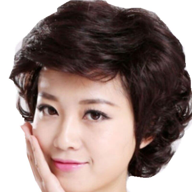 假发女全头套式中老年假发修脸蓬松中短卷发真发女士假发自然逼真