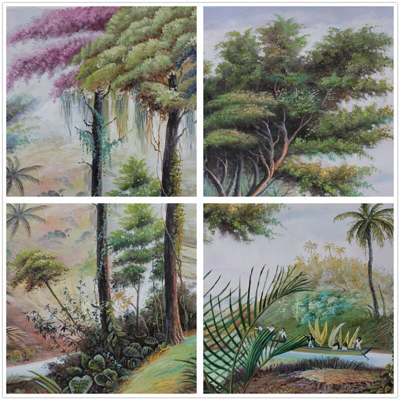 140轻法式美式客厅沙发挂画油画热带风景绿色系玄关壁炉画纯手工