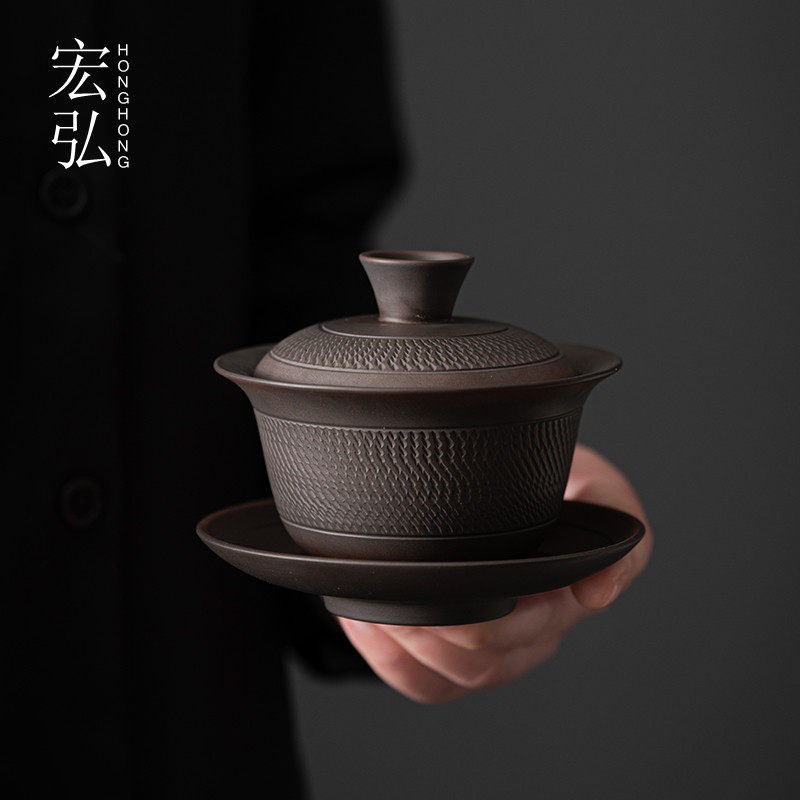 紫陶大号盖碗茶杯三才碗纯手工跳刀喝泡茶碗功夫茶具家用复古茶盏