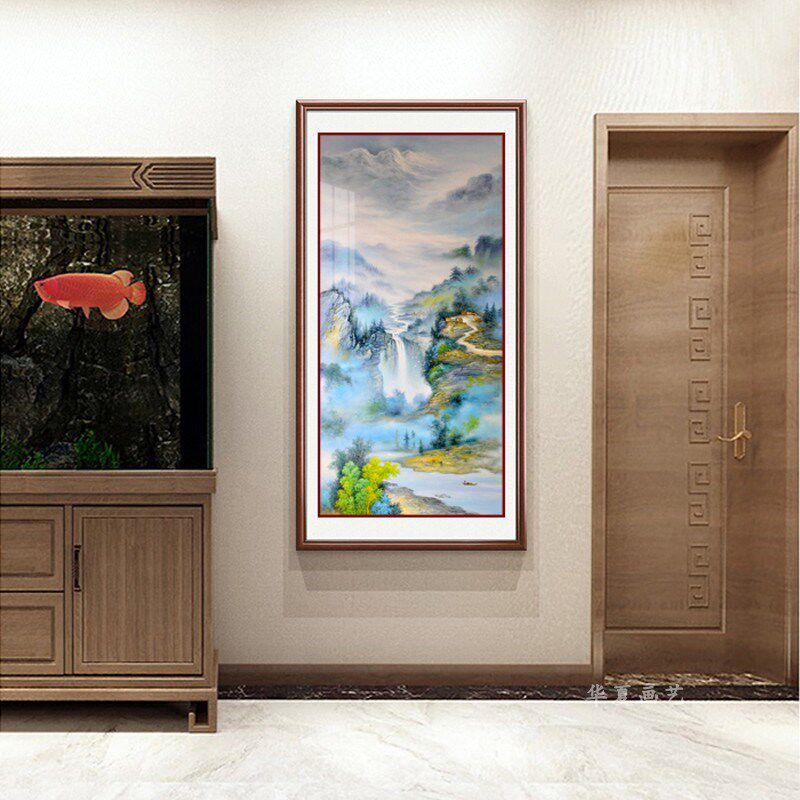 玄关装饰画新中式山水风景靠山招财挂画竖版单幅入户过道走廊壁画
