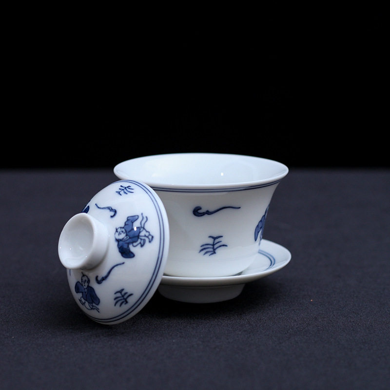 90年代潮州枫溪手绘茶备盖碗青花童子茶碗冲茶器工夫茶三才碗茶杯