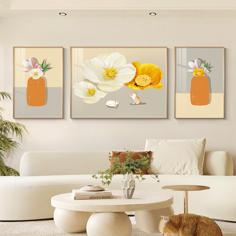 侘寂风花朵客厅装饰画原木风氛围感沙发背景墙挂画2022高档三联画