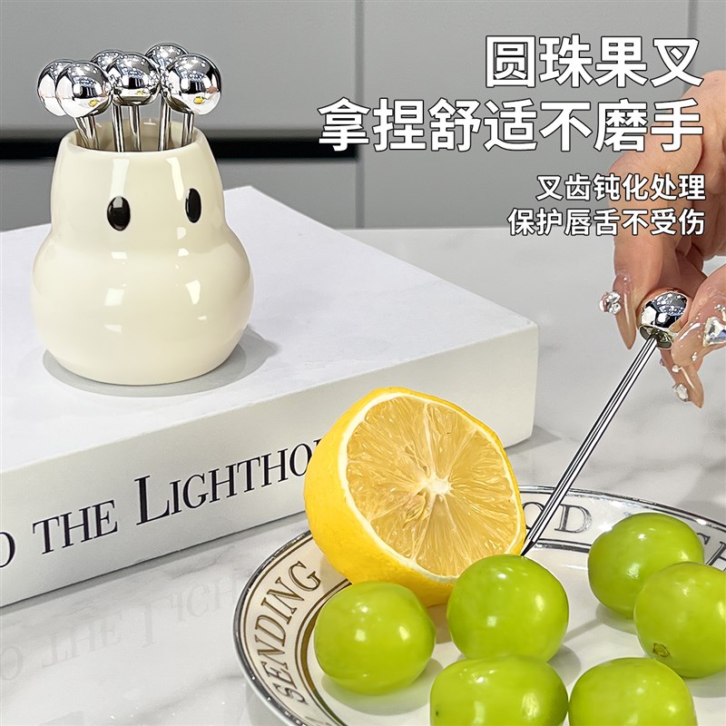 不锈钢水果叉子套装儿童安全带收纳罐高端创意陶瓷可爱水果签家用图片