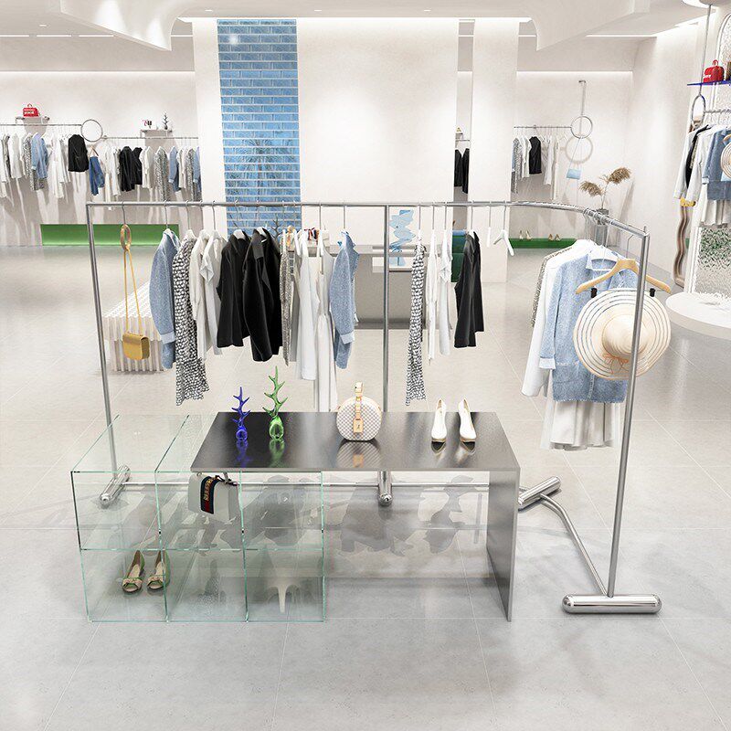 新款服装店落地式展示架不锈钢弧形造型货架挂衣架