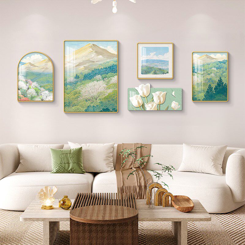 奶油风客厅装饰画日照金山沙发背景墙挂画高级感山水风景组合壁画