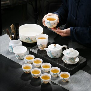 高端羊脂玉瓷山水画功夫茶具家用客厅简约办公室会客茶壶茶杯套装