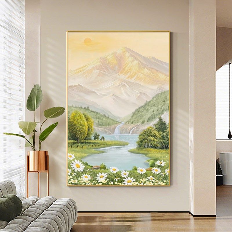 日照金山客厅高级感手绘油画背有靠山装饰画入户玄关山水风景挂画
