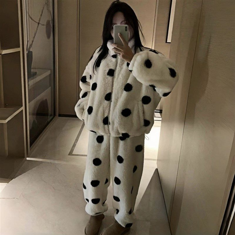 秋冬季波点睡衣女士加厚加绒毛绒保暖居家服套装拉链设计长袖冬服