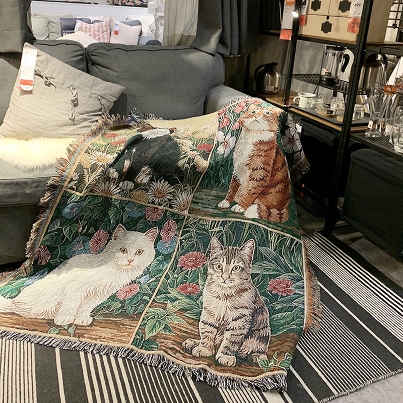 宠物猫咪休闲毯挂毯四只猫咪沙发毯针织线毯办公室午睡盖毯沙发巾
