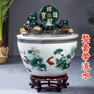 景德镇陶瓷鱼缸特大号过滤循环流水器养鱼客厅摆件喷泉荷花睡莲盆