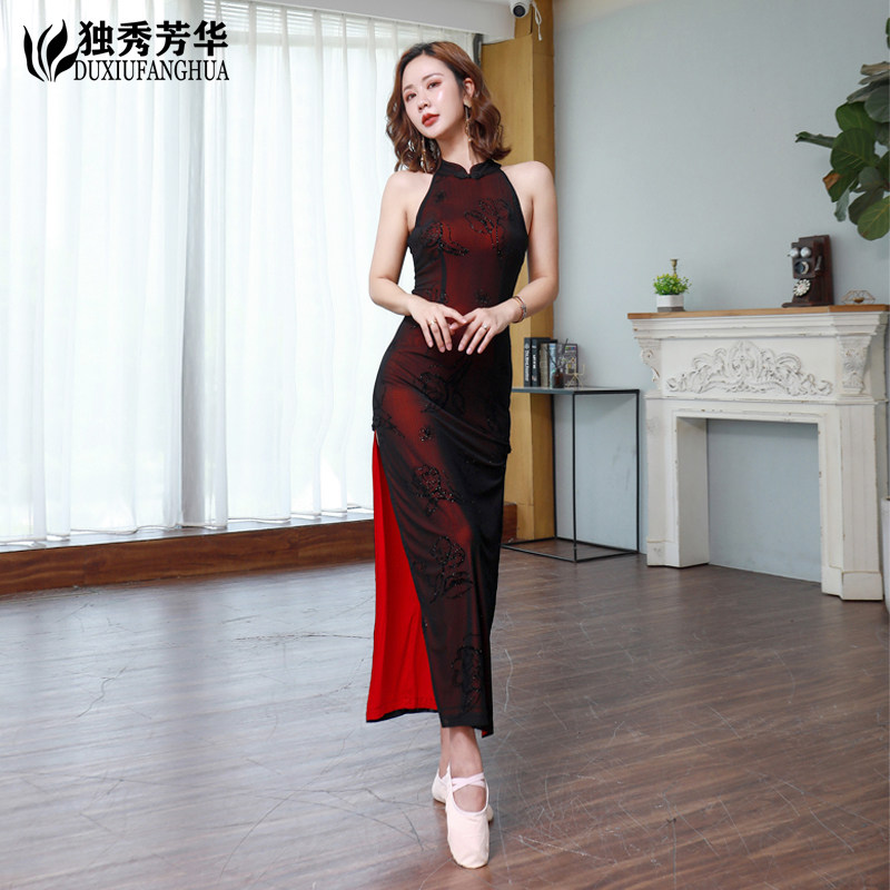 古典舞旗袍舞蹈服多情种表演服复古性感无袖旗袍高开叉弹力连衣裙