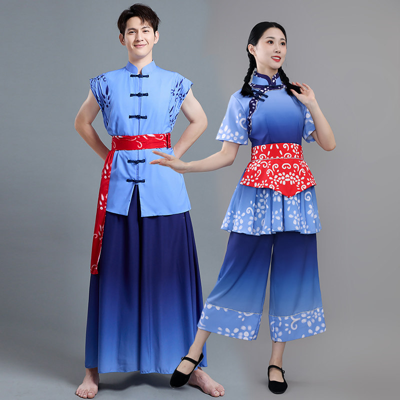 2023新款村姑丰收节南泥湾采茶扇子舞斗笠舞秧歌服舞蹈演出服男女