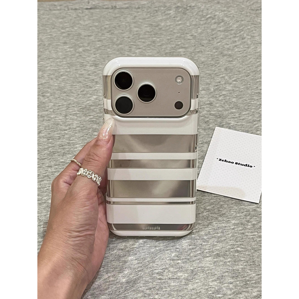 韩风ins简约白色条纹适用苹果17promax手机壳iphone16pro新款镜面17pro小众15promax网红17全包硅胶保护壳