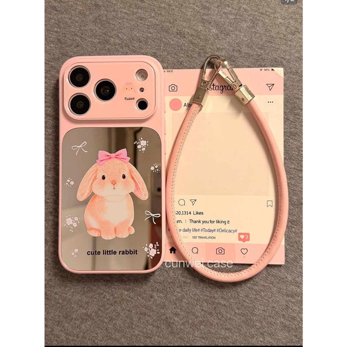 少女心粉色碎花兔子适用iphone17promax手机壳苹果16Pro新款15pro创意14pro手拎绳17镜面13大视窗17Pro保护套